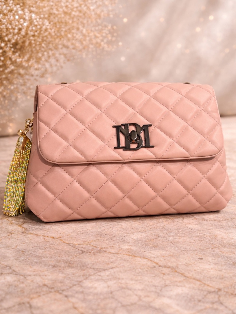 NWT BADGLEY Mischa pinkQuilted messenger bag vegan Leather Crossbody with Tassel